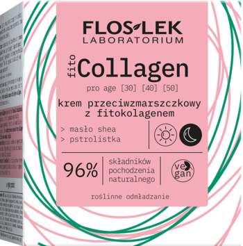 Floslek Fito Collagen krem przeciwzmarszczkowy w biało-różowym kartonie, przód, z napisem 96% naturalne składniki i vegan.
