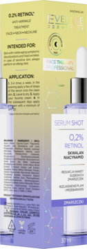 Eveline Serum Shot 0.2% Retinol na zmarszczki, tył opakowania ze składem, butelka 30ml.