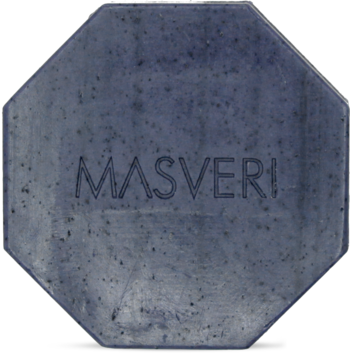Ciemnoszare, ośmiokątne mydło oczyszczające Detox Soap Masveri z węglem, z napisem MASVERI, widok z góry.