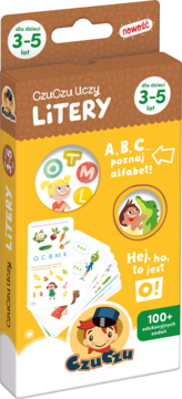 Brązowo-żółte pudełko CzuCzu Uczy Litery, edukacyjna gra do nauki alfabetu dla dzieci 3-5 lat.