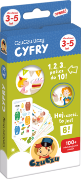 CzuCzu Uczy Cyfry, edukacyjna gra dla 3-5 latków. Zielono-niebieskie pudełko z kartami do nauki liczenia.