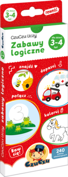 Czerwone pudełko CzuCzu Zabawy logiczne, edukacyjne gry dla dzieci 3-4 lata, 240 zadań. Widok z przodu.