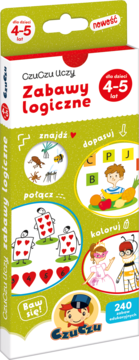 Zielone pudełko CzuCzu Uczy Zabawy logiczne dla 4-5 latków, z ilustracjami zadań i napisem "240 zabaw".