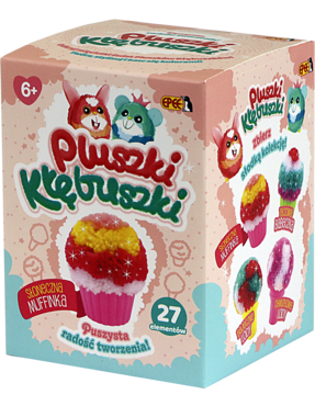 Front różowego pudełka Pluszki-Kłębuszki, zestawu do robienia pluszaków-muffinków i lodów. Widok z przodu.