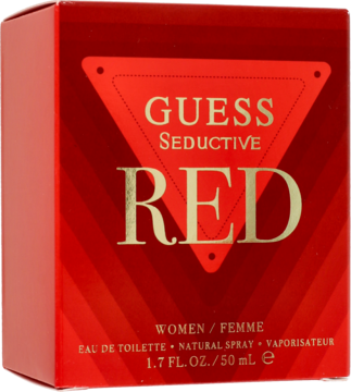 Czerwone pudełko perfum Guess Seductive Red EDT 50 ml dla kobiet, ze złotymi napisami, widok z przodu.