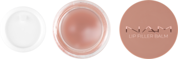 NAM Lip Filler Balm, otwarty słoiczek z różowym balsamem, obok biały i beżowy okrągły wieczko, widok z góry.