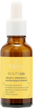 Bursztynowa butelka Miya Beauty.lab Serum z witaminą C wyrównujące koloryt, z białym zakraplaczem, widok z przodu.