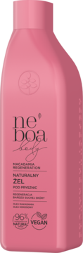 Różowa butelka żelu pod prysznic Neboa Body Macadamia Regeneration dla bardzo suchej skóry, 96% naturalny, wegański.