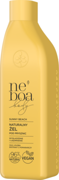 Żel pod prysznic Neboa Body Sunny Beach, żółta butelka z logo i tekstem, 96% naturalny, wegański. Widok z przodu.