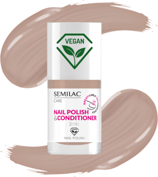 Wegański lakier Semilac Care z odżywką 2w1 w ciepłym beżu, butelka na tle smug koloru. Widok z przodu.