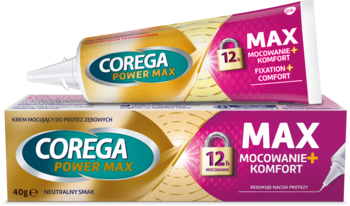Krem Corega Power Max do protez: złoto-różowa tubka leży na pudełku. Widok z przodu, napisy MAX, 12H, Komfort.
