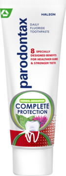 Parodontax Daily Fluoride Toothpaste Herbal Sensation, biało-zielona tubka dla zdrowych dziąseł, widok z przodu.