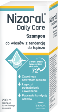 Biało-niebieskie opakowanie szamponu Nizoral Daily Care 200ml, przód z opisem właściwości przeciwłupieżowych.