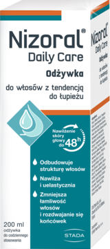 Białe opakowanie odżywki Nizoral Daily Care do włosów z łupieżem, z pomarańczowo-turkusowymi detalami, widok z przodu.