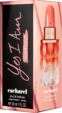 Cacharel Yes I Am Glorious Eau de Parfum 30ml, koralowo-różowy flakon i pudełko stojące obok.