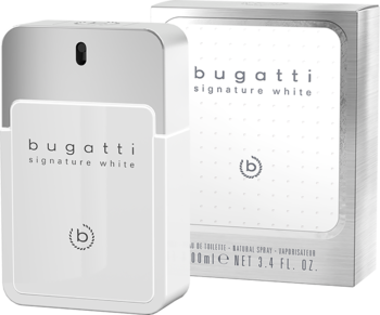 Biały flakon perfum Bugatti Signature White i pudełko, widok z przodu. Widoczne logo 'b' i napis.