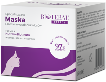 Białe pudełko maski Biotebal Effect przeciw wypadaniu włosów, purpurowe detale, widok z przodu.