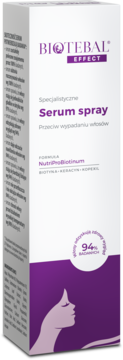 Opakowanie Biotebal Effect Serum spray do włosów osłabionych, biało-fioletowe, widok z przodu pod kątem.