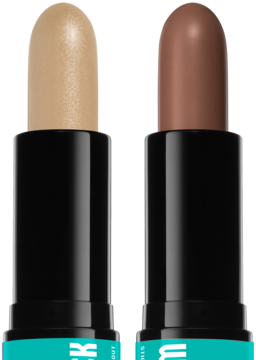 Wonderstick Dual Face Lift: dwa kremowe sztyfty, jasny beż i brąz, z czarnymi bazami, do konturowania i rozświetlania.