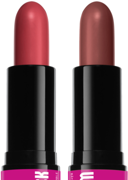 Wonder Stick Cream Blush: dwa kremowe róże w sztyfcie, jeden ciemnoróżowy, drugi beżowo-brązowy, widok z przodu.