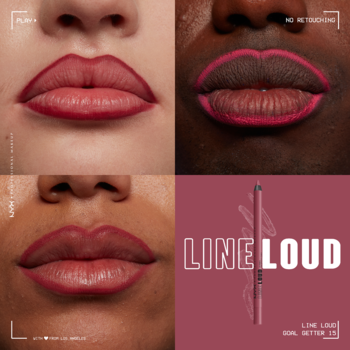 NYX Line Loud Lip Liner: obrazek prezentujący konturówki na ustach o różnych odcieniach skóry i kredkę na bordowym tle.