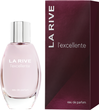 La Rive L'excellente woda perfumowana. Różowa szklana butelka z srebrną nakrętką i fioletowe pudełko, widok z przodu.