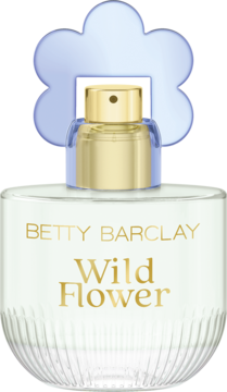 Betty Barclay Wild Flower EDT, widok butelki z ryflowanego szkła ze złotym napisem i błękitną nakrętką-kwiatem.