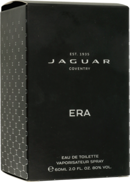 Czarny kartonik męskiej wody toaletowej Jaguar Era 60ml z białymi napisami i wzorem plastra miodu, widok z przodu.