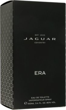Czarny kartonik męskiej wody toaletowej Jaguar Era 100ml, widok z przodu pod kątem, z boku widoczny wzór plastra miodu.
