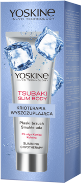 YOSKINE Tsubaki Slim Body, wyszczuplający koncentrat do ciała z lodem, w białej tubce na niebieskim pudełku.