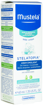 Białe opakowanie kremu Mustela Stelatopia 40ml, dla dzieci na atopową skórę twarzy i powiek, z przodu.