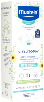 Mustela Stelatopia Krem Emolient 200ml, białe opakowanie z zielonymi liśćmi i niebieskim logo, widok z przodu, redukuje swędzenie.