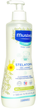 Biała butelka Mustela Stelatopia Cleansing Gel 500ml z pompką, widok z przodu, niebieski napis i liście.