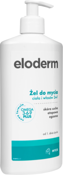 Eloderm Żel do mycia ciała i włosów 2w1, biała butelka z pompką, na skórę suchą, Omega 3-6-9.