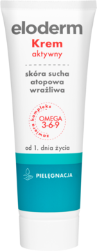 Biała tubka Eloderm Krem aktywny dla skóry suchej, atopowej, wrażliwej, z Omega 3-6-9, widok z przodu.