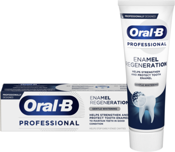 Oral-B Professional Enamel Regeneration: biała tubka stoi obok pudełka. Wzmacnia szkliwo, delikatnie wybiela.