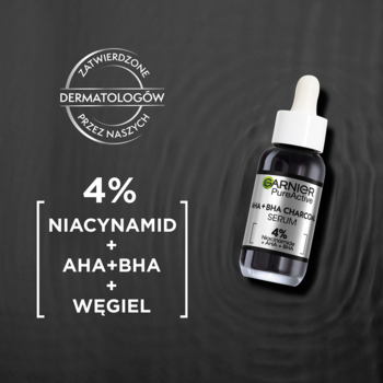 Garnier Pure Active Serum 4% Niacynamid + AHA + BHA + Węgiel w czarnej butelce z pipetą na ciemnym tle. Widoczny tekst o składzie.