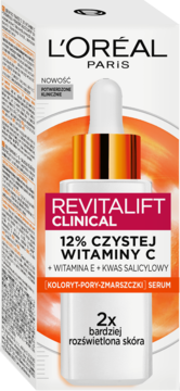 L'Oréal Revitalift Clinical serum z 12% witaminą C, E i kwasem salicylowym, białe pudełko z pomarańczowym gradientem, widok frontalny.