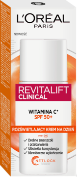 Krem L'Oréal Revitalift Clinical z witaminą C i SPF 50+ w białym pudełku, widok z przodu.