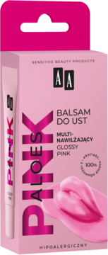 Różowe pudełko balsamu AA Aloes Pink Glossy Pink, z tubką, tekstem i grafiką błyszczących ust. Widok z przodu.