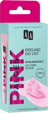 Peeling do ust AA Aloes Pink w jasnoniebieskim opakowaniu, z różowym scrubem na froncie pudełka.