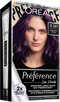 Pudełko L'Oréal Préférence Les Vivids farba do włosów, odcień 3.161 Magnetic Plum, z modelką o fioletowych włosach.