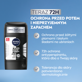 NIVEA MEN Black & White 72h antyperspirant stick, czarny, widok z przodu, na niebieskim tle z tekstem 72H.