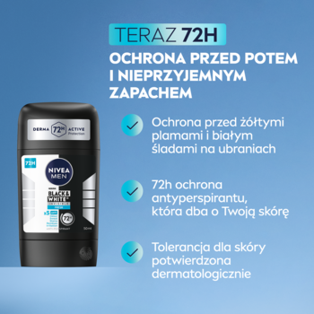 Czarny antyperspirant NIVEA MEN Black & White Fresh, 72h ochrona przed potem i plamami, na niebieskim tle.