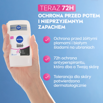 NIVEA Black & White Clear antyperspirant stick 72h, w białej obudowie, trzymany w dłoni.