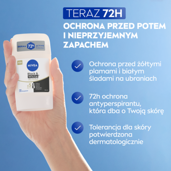 NIVEA Black & White Silky Smooth antyperspirant w sztyfcie, 72h niewidocznej ochrony przed potem i plamami.