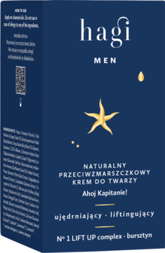 Granatowe pudełko Hagi Men, liftingujący krem przeciwzmarszczkowy dla mężczyzn ze złotą rozgwiazdą, przód.