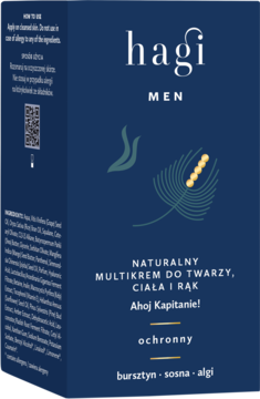 Hagi MEN Ahoj Kapitanie, ochronny multikrem do twarzy, ciała i rąk. Pudełko, bursztyn, sosna, algi.