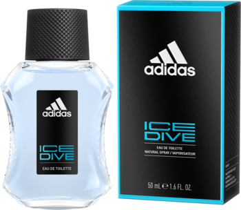 Adidas Ice Dive EDT, przezroczysta butelka z niebieskim płynem i czarne opakowanie z logo Adidas, widok z przodu.