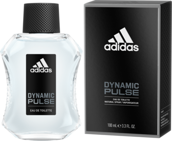 Adidas Dynamic Pulse woda toaletowa męska, przezroczysta butelka i czarne opakowanie, widok z przodu.